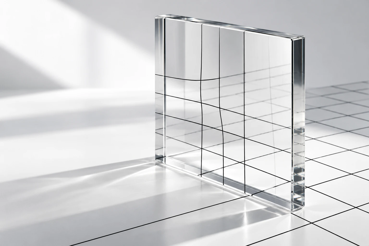 Una lámina de cristal transparente refracta una retícula negra sobre un fondo blanco.