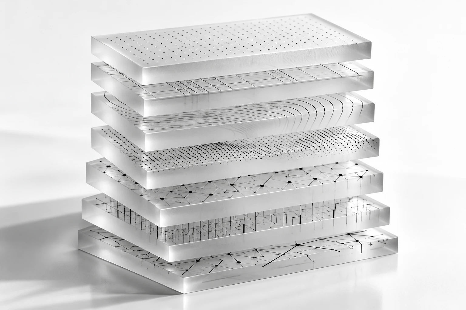 Capas de cristal con patrones geométricos que representan información organizada.
